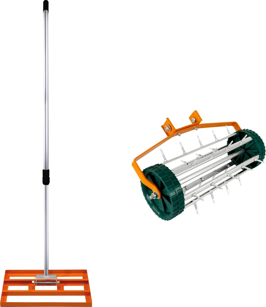 2-in-1 Verticuteer- en Gazonvlakker Set - Oranje, Gegalvaniseerd Staal, Handvat van 190 cm
