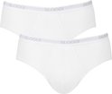 Twee witte Sloggi midi slips. Grijze merknaam op de tailleband.