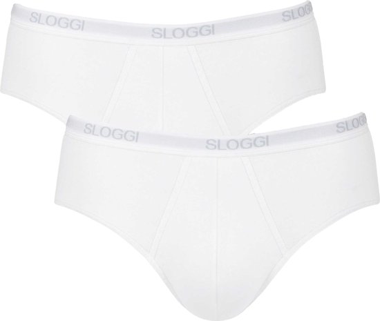 Twee witte Sloggi midi slips. Grijze merknaam op de tailleband.