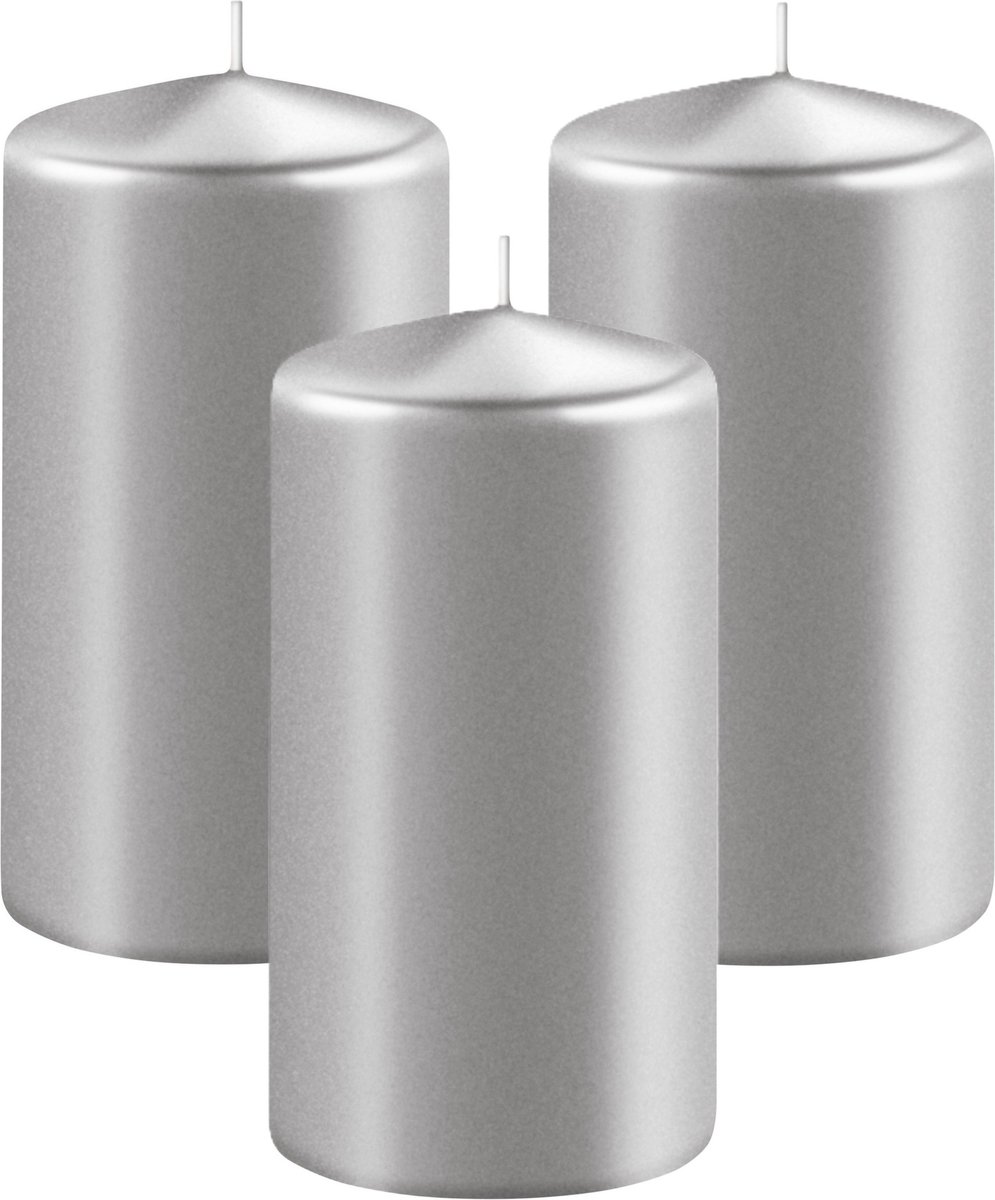 Enlightening Candles Cilinderkaars/stompkaars - 3x - zilver - D6 x H15 cm - 58 branduren - Dikke kaarsen - Voor kandelaar of plateau