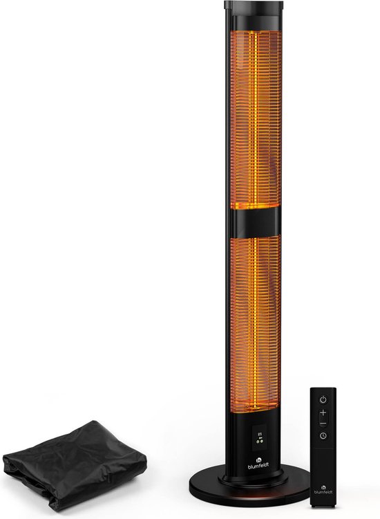 Chauffage de terrasse Blumfeldt sur pied, télécommande et housse de protection, avec élément chauffant orange incandescent.