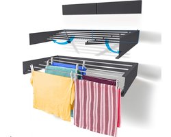 Intrekbaar wandmontage wasdroogrek voor binnen of buiten - inklapbaar opvouwbaar - ruimtebesparend compact design - 25 kg 6 m lijn capaciteit (industrieel grijs)