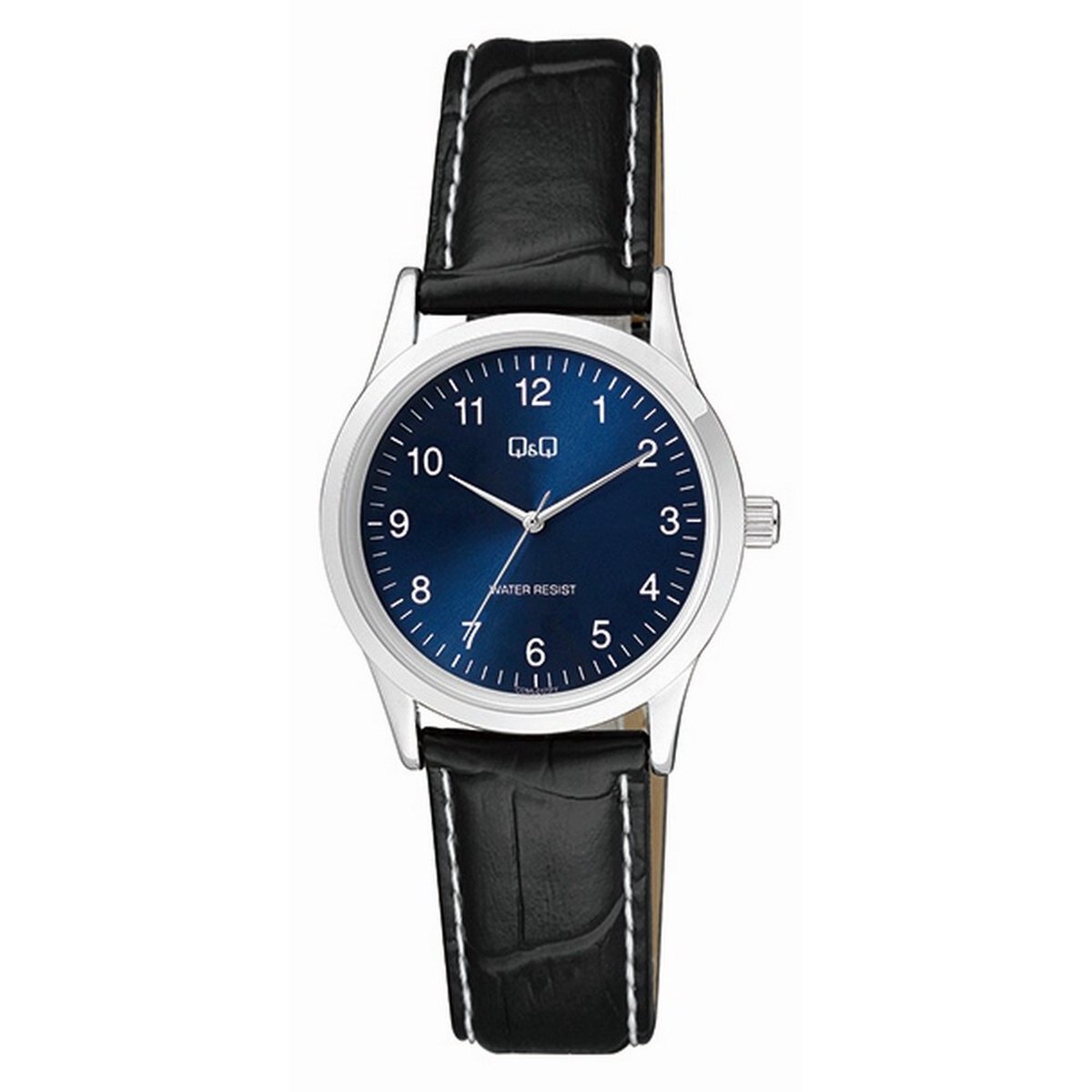 QQ C09A-017PY - Horloge - Dames - Vrouwen - Leren band - Rond - Staal - Cijfers - Zwart - Zilverkleurig - Blauw