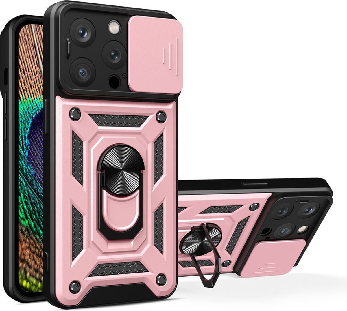 MobyDefend Hoesje - Geschikt voor iPhone 15 Pro - Pantsercase Met Draaibare Ring - Rosé