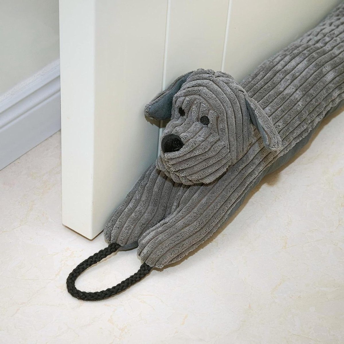 Tochtstrip voor deuren Decoratieve Windstopper 122cm - Verzwaarde Tochtstopper Geluidsblokker - Grijze Hond 48"