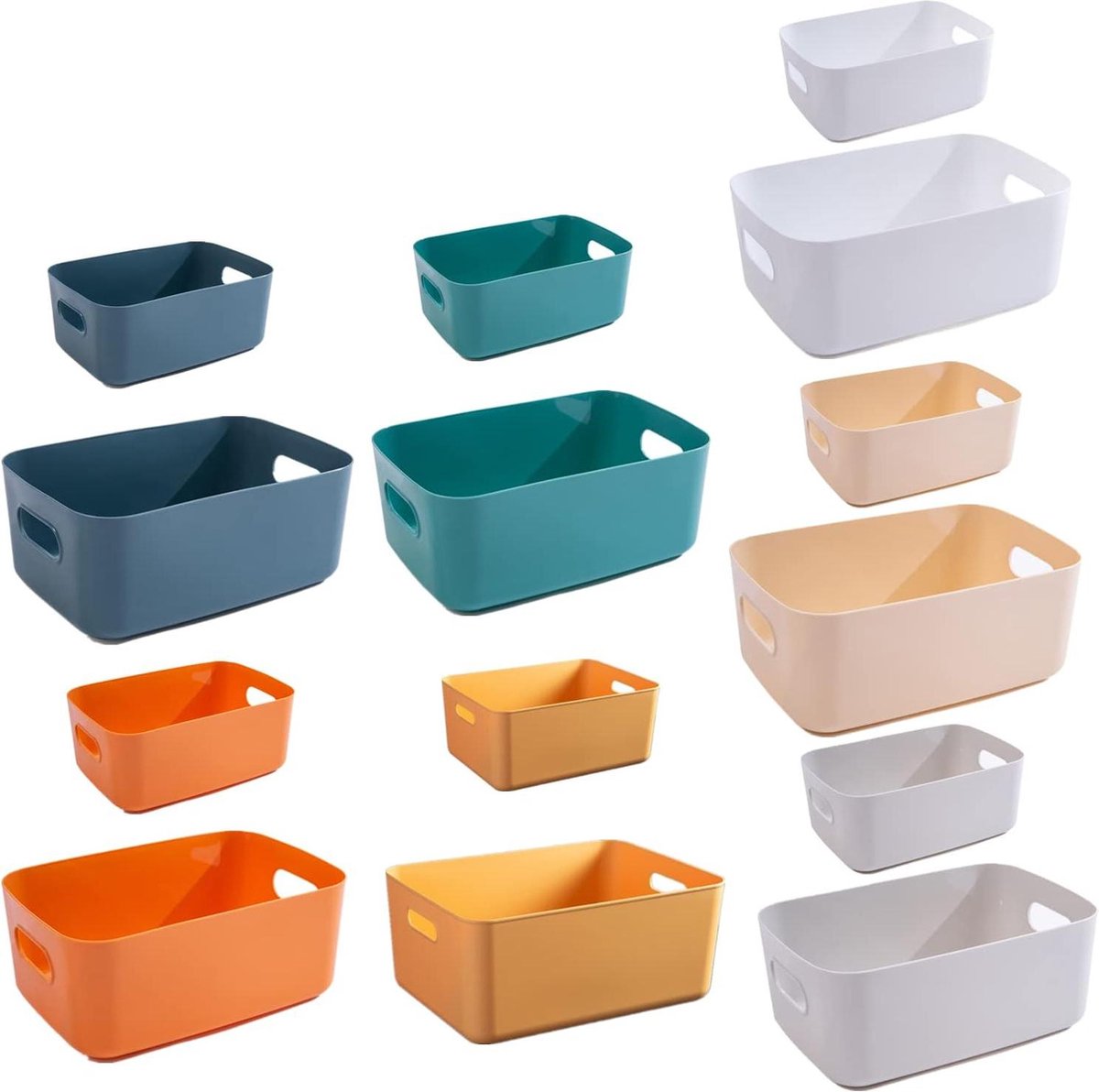 Kunststof opbergdozen - 14 stuks - meerdere kleuren - organisatie - opbergmanden - keuken - kast - kantoor - badkamer - speelgoed - home - tidy - open opbergbakken - handgrepen