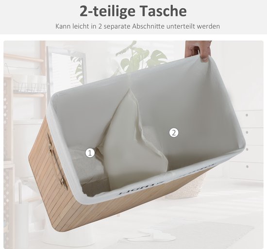 HOMCOM Panier à linge en bambou avec cloison 100L 52 x 32 x 63cm
