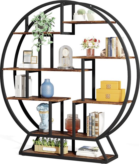 TRIBESIGNS - Bibliothèque - Bibliothèque ronde avec 5 Planches - Industriel - Aggloméré - Marron/ Zwart - 150 x 30 x 160 cm