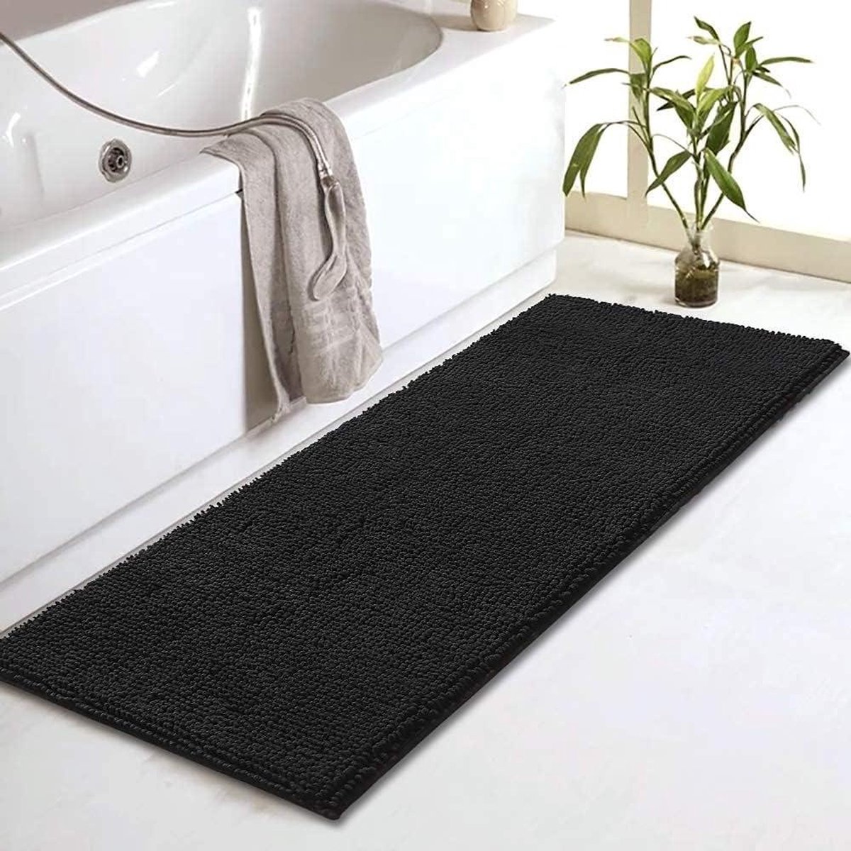 Badmat Anti-Slip Chenille Zwart - Super Absorberend - Machinewasbaar - Voor Badkamer Douche Bad