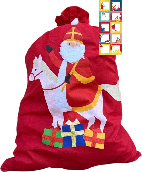Zak Van Sinterklaas - Geschenkzak - 90 x 60 cm - Rood - Incl. 20 Naam-stickers