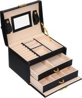 Sieradendoos 3-laags PU-leer, sieradenopbergkoffer met spiegel en slot, ladetype, gebruikt om ringen, armbanden, oorbellen, kettingen, geschenken voor vrouwen roze koffiekleur op te slaan