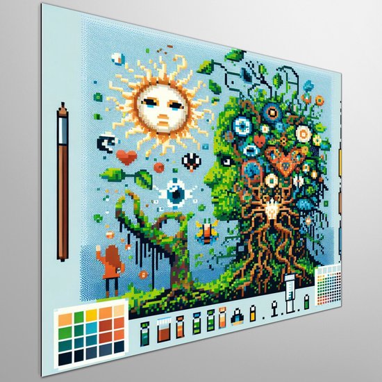 Pixel art mos schilderij | Groen getinte pixelkunst brengt de natuur tot leven | Kunst - 50x50 centimeter op Dibond | Foto op Dibond