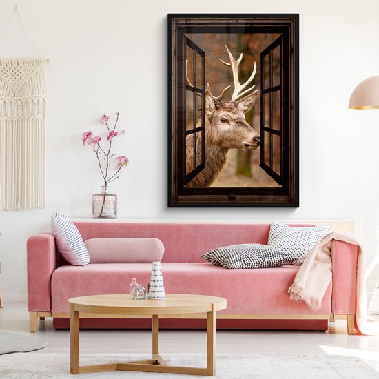 Affiche sous cadre - Cadre photo 80x120 cm - Posters - Cerf - Animal - Forêt - Automne - Tête de cerf - Marron - Transparent - Cadre affiche noir - Décoration - Décoration murale salon - Décoration murale chambre