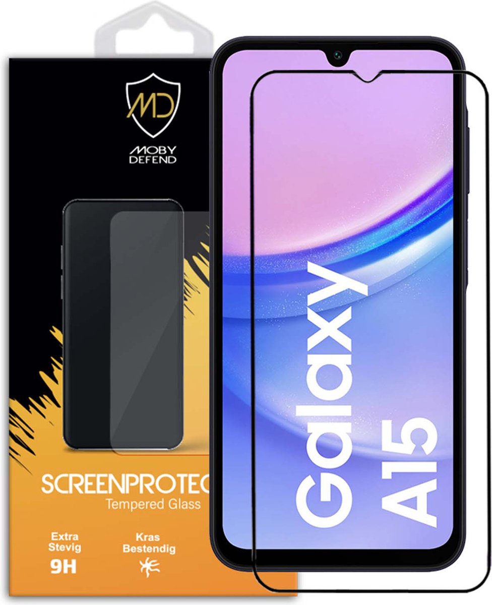MobyDefend Screenprotector - Geschikt voor Samsung Galaxy A15 - Screensaver Met Zwarte Randen - Gehard Glas