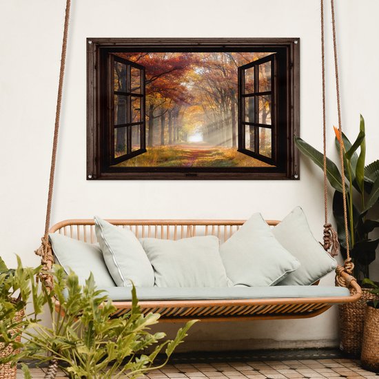 Tuinposter 120x80 cm - Tuindecoratie Herfst - Bos - Bomen - Natuur - Doorkijk - Poster voor in de tuin - Buiten decoratie - Schutting tuinschilderij - Tuindoek muurdecoratie - Wanddecoratie balkondoek