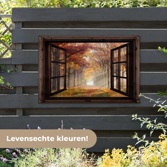 Tuinposter 120x80 cm - Tuindecoratie Herfst - Bos - Bomen - Natuur - Doorkijk - Poster voor in de tuin - Buiten decoratie - Schutting tuinschilderij - Tuindoek muurdecoratie - Wanddecoratie balkondoek