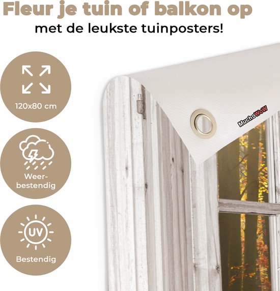 Een close-up van een witte banner met een metalen ring en text: 'Fleur je tuin of balkon op met de leukste tuinposters!', '120x80 cm', 'Weerbestendig' en 'UV-bestendig'.