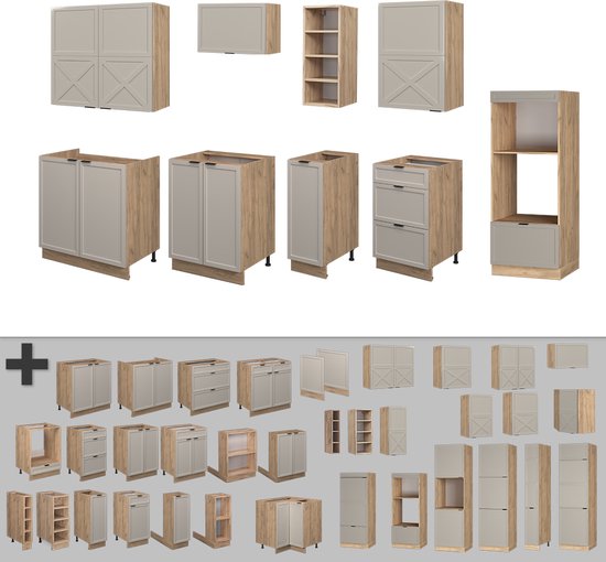 Cuisine complète Vicco Fame- Line – 280 cm, chêne Grijs/beige/doré