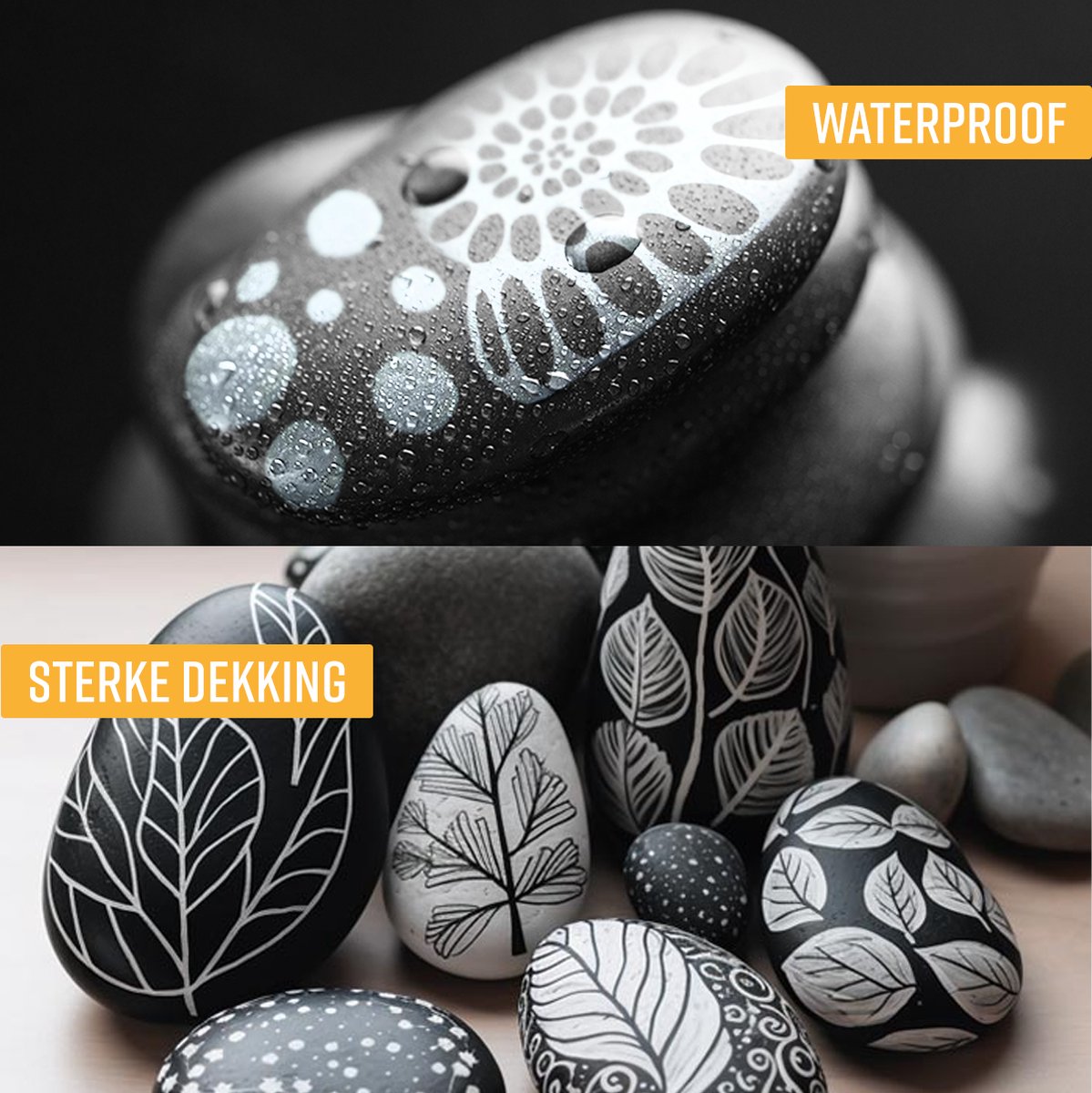Napi Acrylstiften 6st Zwart/Wit - Brush en Fine Tip Twinmarkers - Verfstiften Happy Stones - Stenen Schilderen met Acryl Verf Marker Stiften - Volwassenen en Kinderen — afbeelding 4