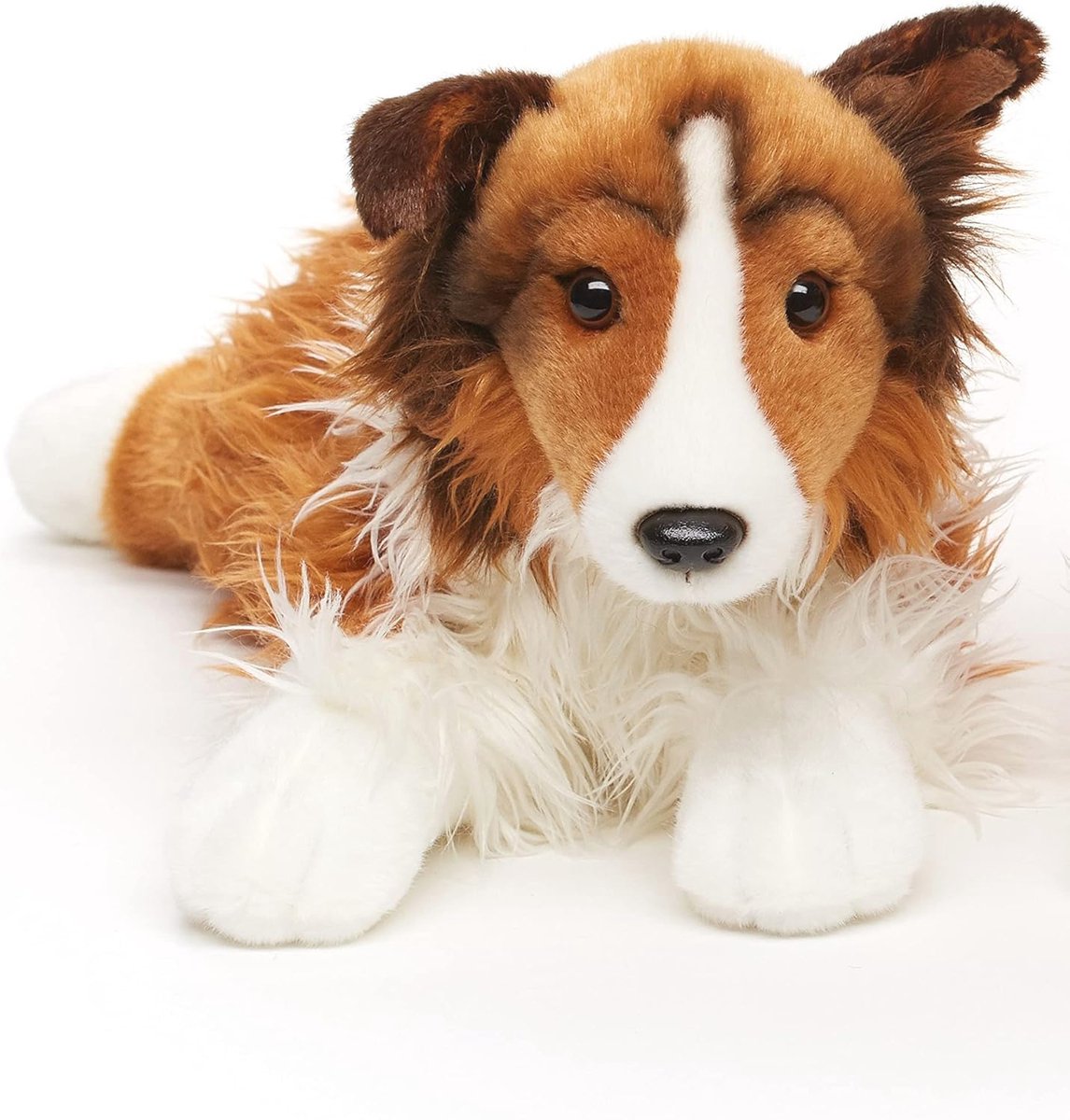 Pluche lange haarcollie knuffeldier - liggend, wit-bruin, 41 cm