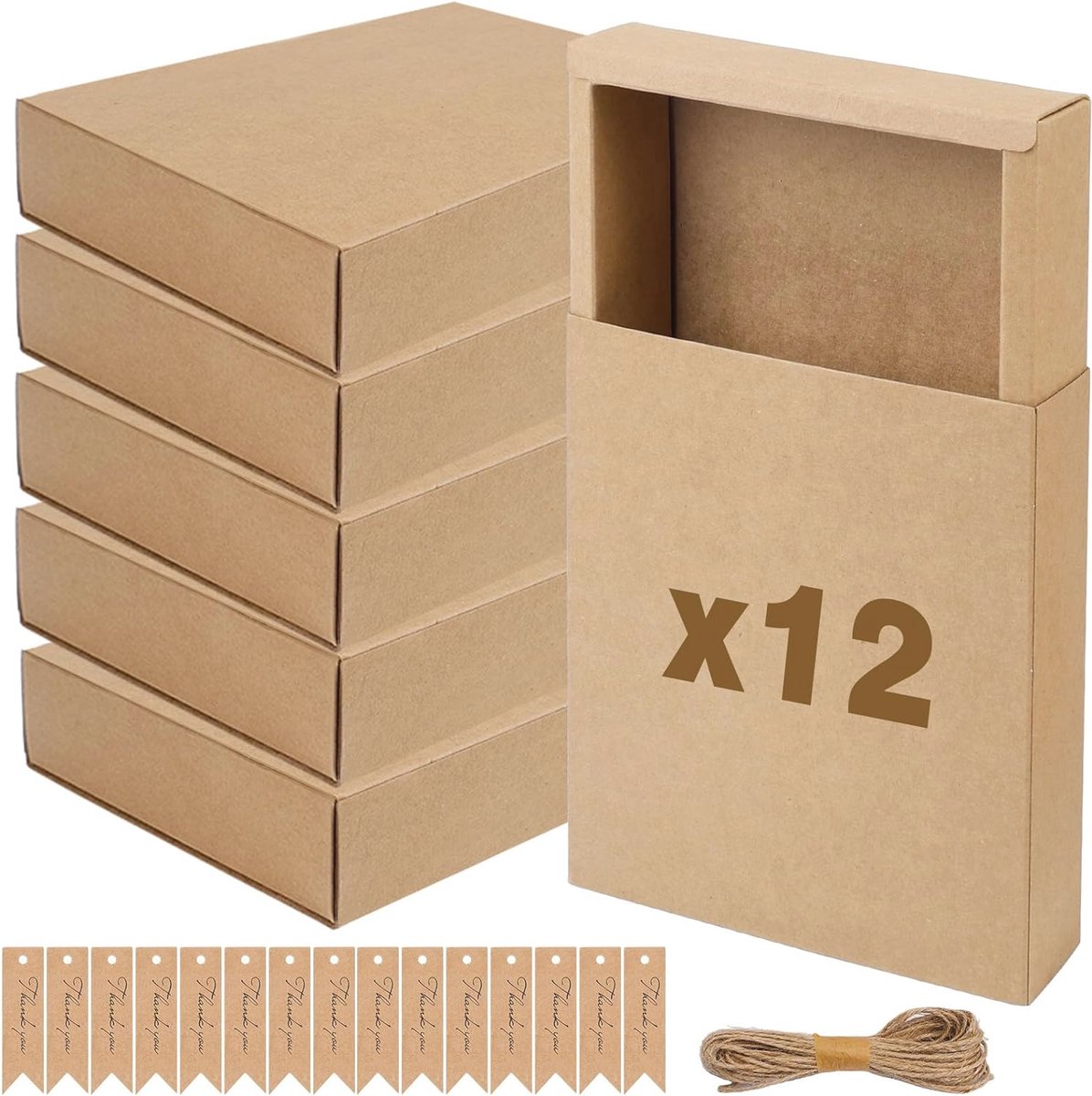 12 Geschenkdozen met Deksel voor Verpakking, 19 x 16 x 4,8 cm, Kraftpapier met Jute Touw en Labels voor Kerst, Bruiloft en Feest