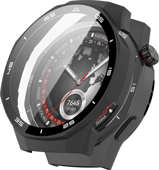 Zwarte smartwatch met wereldklok display, knop aan de zijkant zichtbaar.