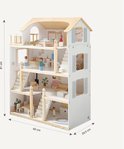 Houten poppenhuis, afmetingen 81x60x29.5 cm, met vier verdiepingen en vele kamers met meubels.