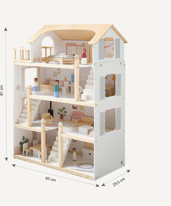 Houten poppenhuis, afmetingen 81x60x29.5 cm, met vier verdiepingen en vele kamers met meubels.