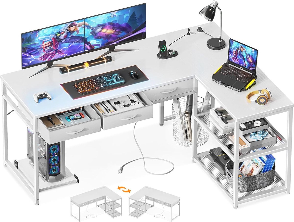 Hoekbureau met Opberglades en USB-Poorten - Beweegbare CPU-standaard voor Thuiswerk en Gaming - 135 x 100 cm Wit