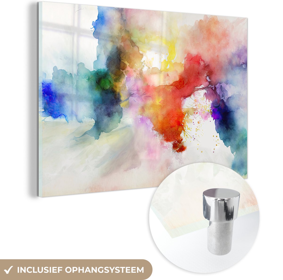 MuchoWow® Glasschilderij 90x60 cm - Schilderij acrylglas - Waterverf - Regenboog - Abstract - Kunst - Kleuren - Foto op glas - Muurdecoratie woonkamer - Wanddecoratie slaapkamer - Schilderijen
