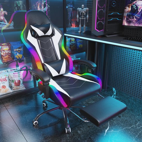 Delman Bureaustoel, gamingstoel, stof, massagefunctie, USB-gamingstoel, ergonomische gamerstoel met voetensteun, hoofdsteun, lendenkussen, draaistoel, 02-0040 (grijs