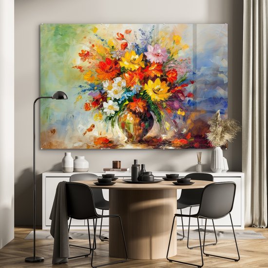 MuchoWow® Peinture sur verre - Fleurs - Coloré - Peinture à l'huile - Pot de fleurs - 180x120 cm - Peintures sur verre acrylique - Photo sur Glas