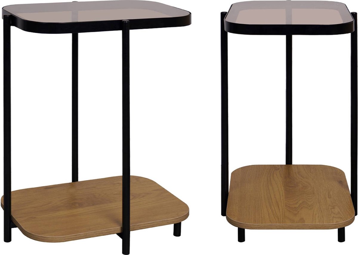 sweeek - Set van 2 vintage zwart metalen bankeinden met 2 dienbladen (glas- en houtdecor), afgeronde hoeken