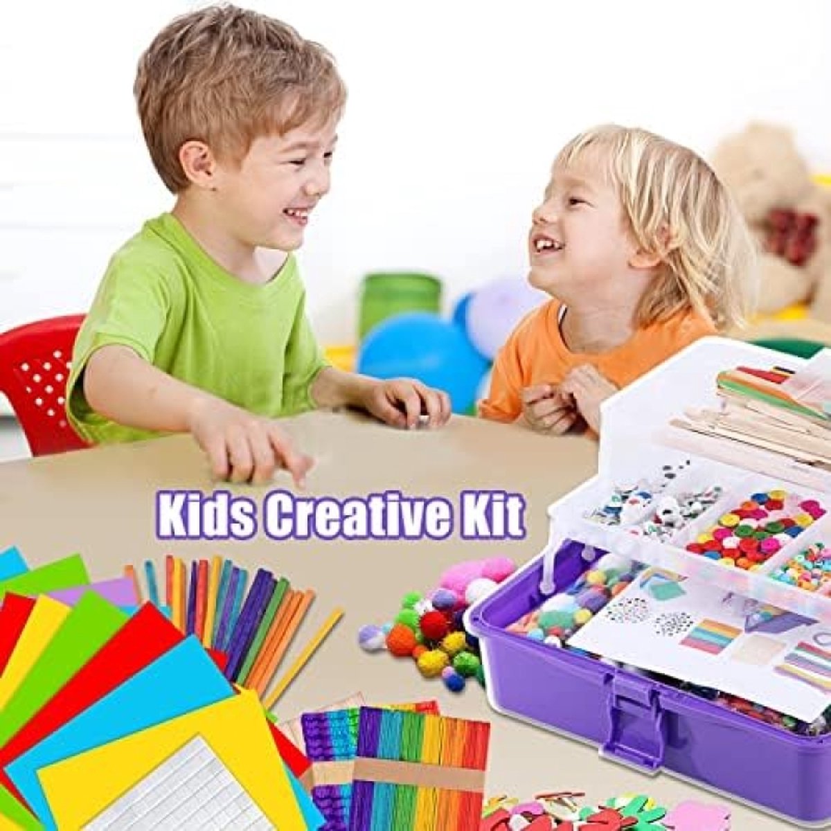 Tonsooze Knutselset voor kinderen, 1500 stuks, kunst en doe-het-zelf handwerk voor kinderen, knutselaccessoires, plakboek, knutselset, glitter pompons, veren, knopen, pailletten, pijpenreiniger
