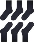 Zes donkerblauwe sokken met het FALKE logo op de zool.