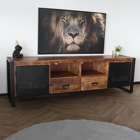 Foto: Tv meubel industrieel mangohout nova 200cm tv kast duurzaam mango massief hout tv meubel