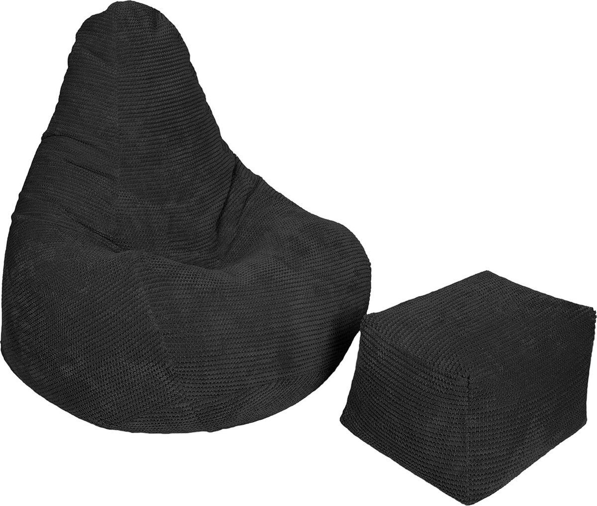 JGS ® Zitzak met hoge rugleuning voor volwassenen, corduroystof, voering, ergonomisch ontwerp voor lichaamsondersteuning (zwart, zitzak + kruk)