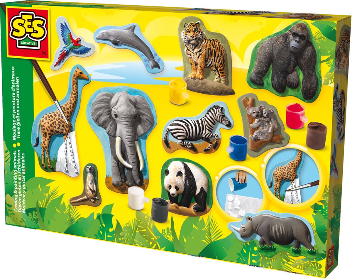 SES - Gieten en schilderen - Dieren - Gips Gieten - Maak een Giraffe, Gorilla, Panda en meer - sneldrogend - met vormpjes, gips, verf en penseel - knutselen jongens - knutselen voor kinderen - knutselen meisjes