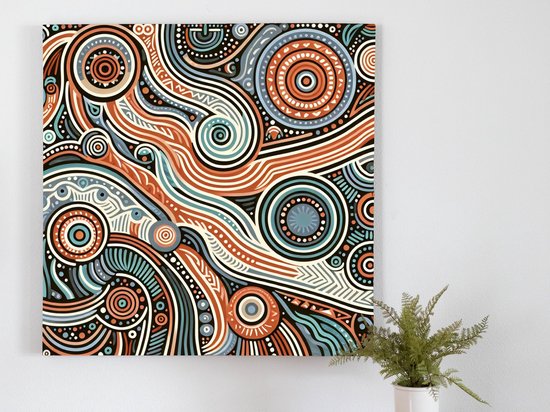 Abstract aboriginal schilderij | Inheems mysterie: een moderne interpretatie van traditionele Aboriginal kunst | Kunst - 60x60 centimeter op Canvas | Foto op Canvas
