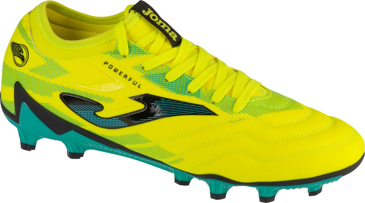 Joma Powerful 2411 FG gele voetbalschoen voor mannen, maat 45, synthetisch leder met zwarte en turquoise accenten.