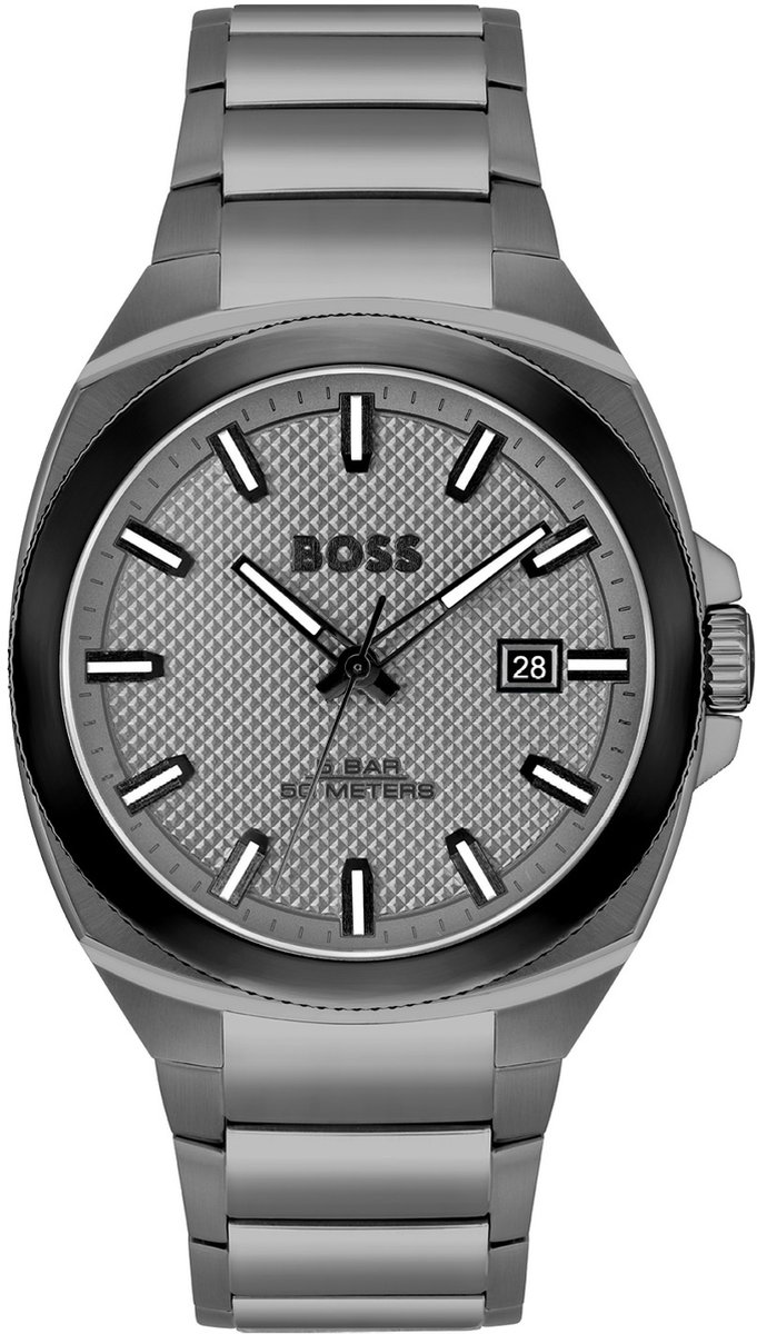 BOSS HB1514137 WALKER Heren Horloge - Mineraalglas - Staal - Grijs - 41 mm breed - Quartz - Vouw-Vlindersluiting - 5 ATM (douchen)