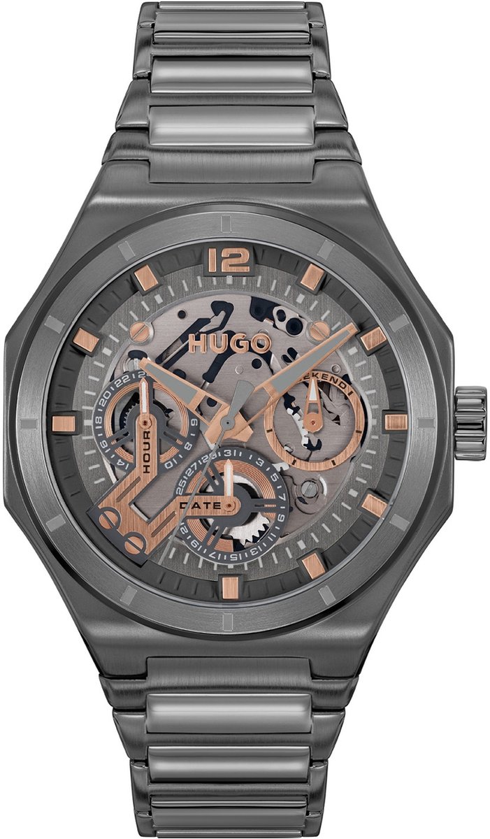 HUGO HU1530378 #GRAIL SKELETON Heren Horloge - Mineraalglas - Staal - Grijs - 44 mm breed - Quartz - Vouw-Vlindersluiting - 5 ATM (douchen)