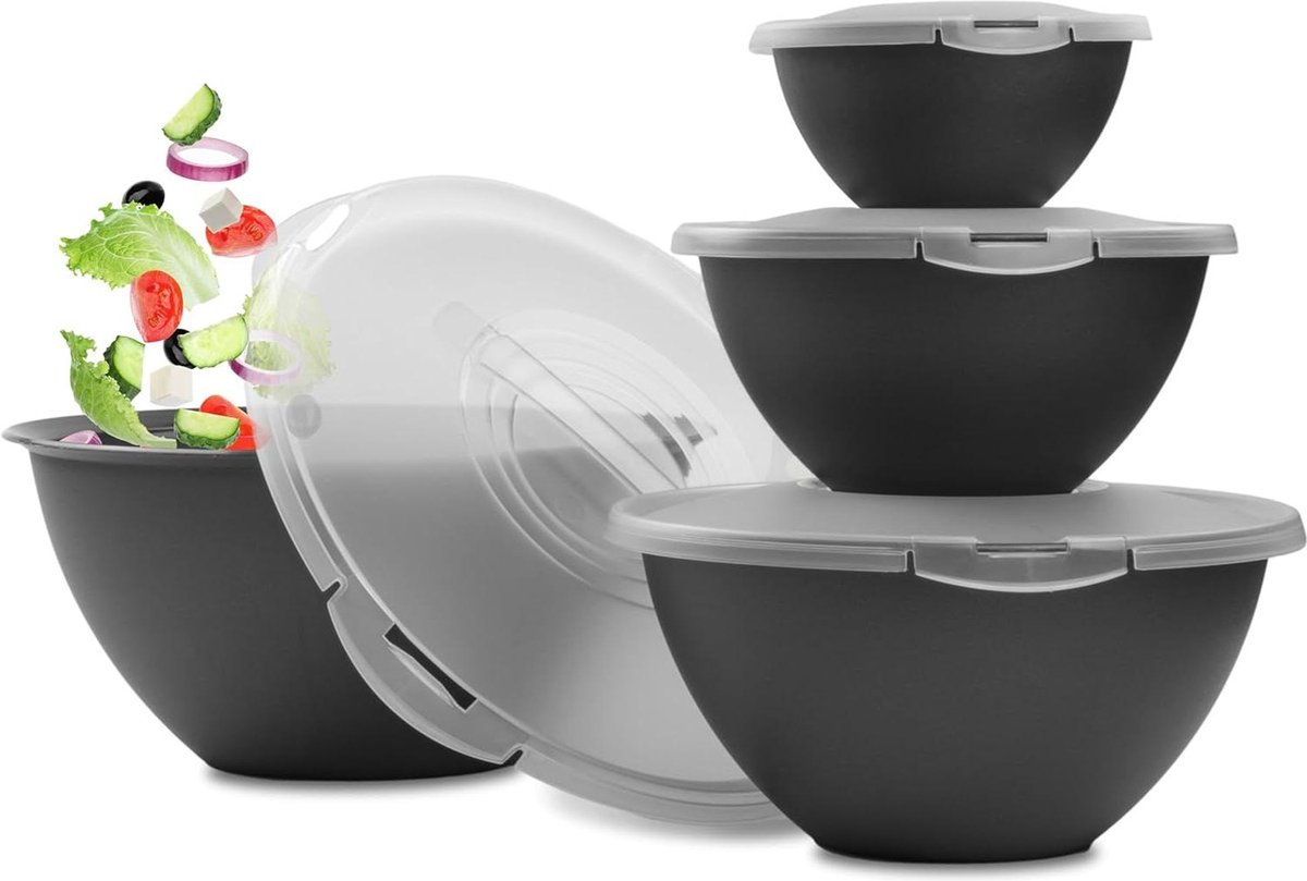Saladekommen groot met deksel 6 liter antraciet zwart kunststof BPA-vrij Schalen & Presenteerbladen