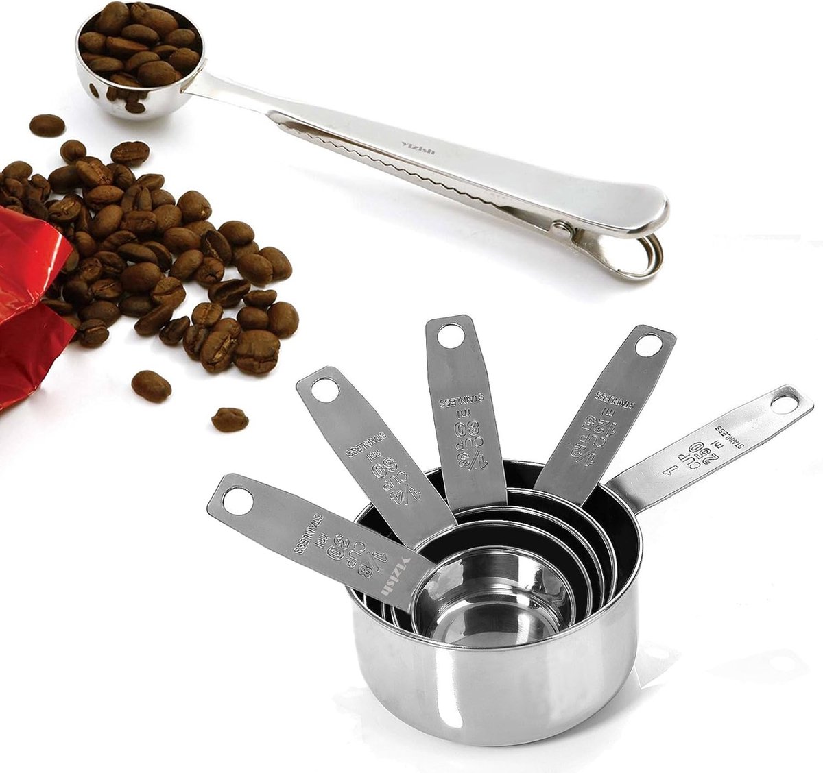 Maatbeker van roestvrij staal met lepel met maataanduiding omrekentabel voor de keuken