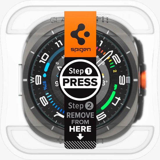 Smartwatch met oranje bandje in transparante installatiehulp.