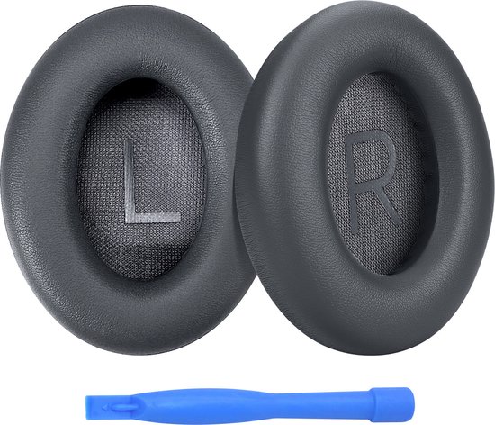 Coussinets d'oreille gris marqués L et R, et un outil bleu.