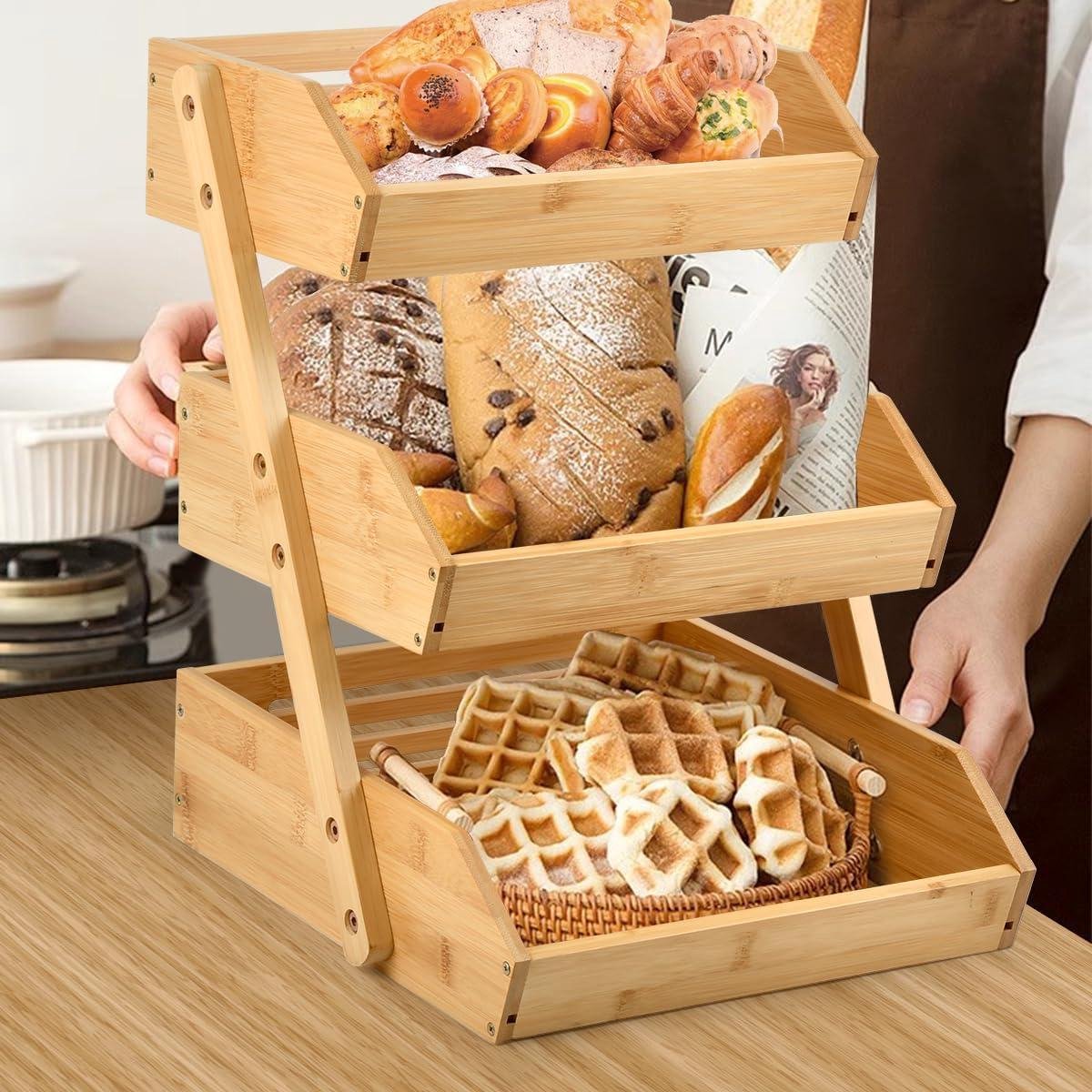 VIIROUD Support Corbeille à Fruits 3 étages En Bambou - 30x33x41cm - Rangement Cuisine Légumes Pain