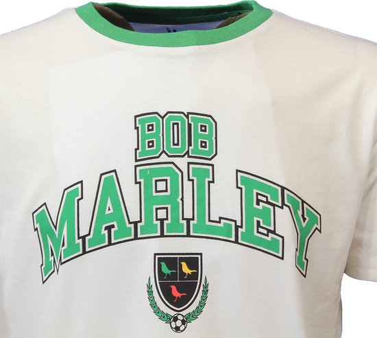 Witte T-shirt met groene opdruk 'BOB MARLEY', groen shirtkraag en geborduurd embleem met voetbal.