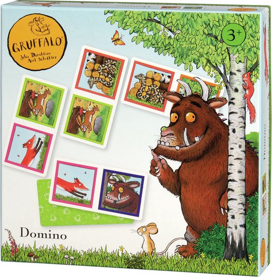 De voorkant van de Gruffalo domino speldoos met de Gruffalo, muis, vos en andere bosdieren. Geschikt voor 3+.