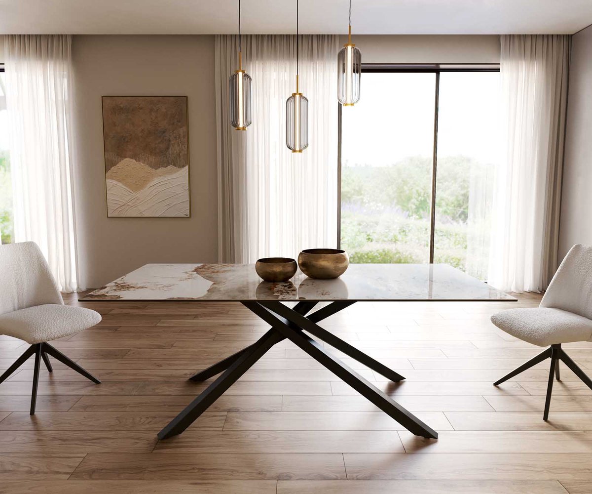 DELIFE Eetkamertafel Edge keramiek Minas Melange wit-beige 200x100 kruisframe rechthoek zwart Weiß-Beige